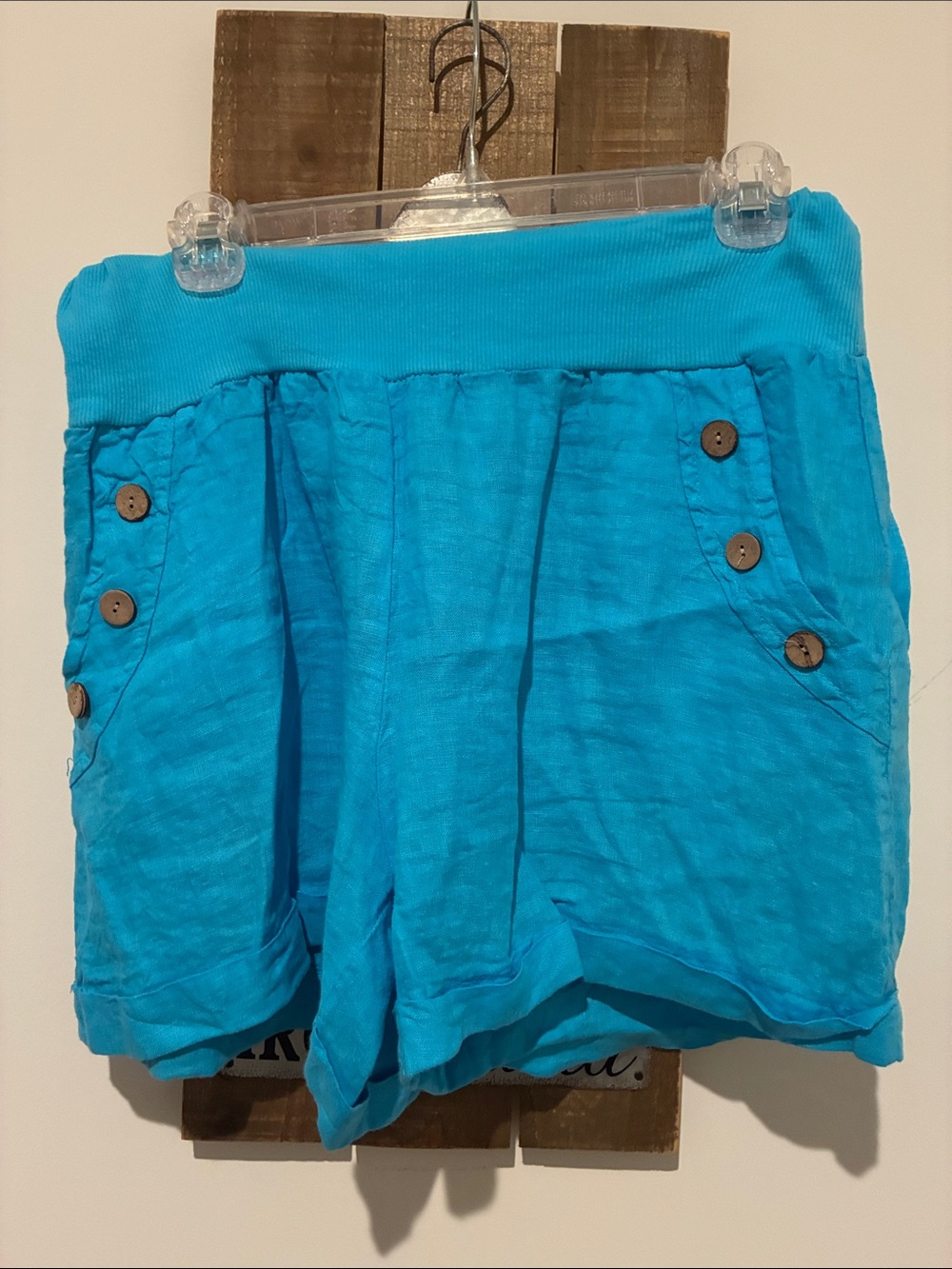 Source Unknown Bright Turquoise High-Waist Button Pocket Shorts
